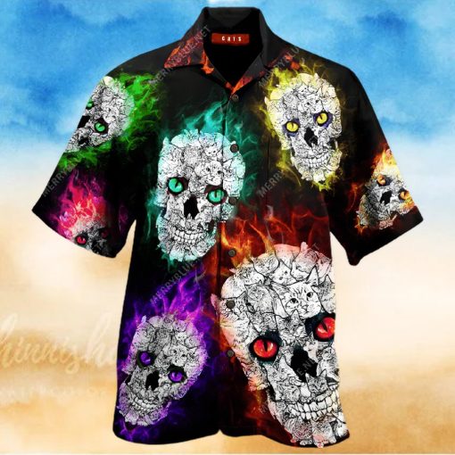 BEACH SHIRT GET NOW GLOWING CAT SKULL UNISEX HAWAIIAN SHIRT