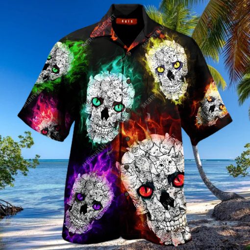 BEACH SHIRT GET NOW GLOWING CAT SKULL UNISEX HAWAIIAN SHIRT