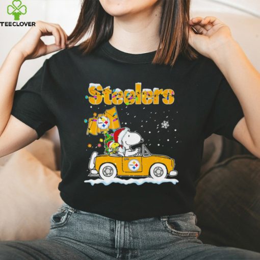 Happy Merry Christmas Snoopy drive a car Pittsburgh Steelers logo flag gift hoodie, sweater, longsleeve, shirt v-neck, t-shirt