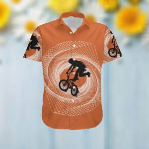 BMX Rider Circle Pattern 3D Men Hawaiian Aloha Tropical Button Up Shirt For Extreme Sport Lovers On Summer Vacation