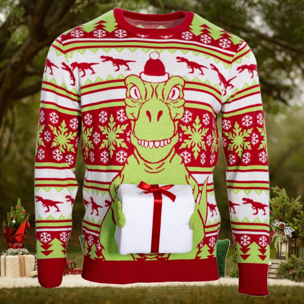 T Rex Santa Hat 3D Flappy Present Ugly Christmas Sweater T Rex Santa Hat 3D Flappy Present Ugly Christmas Sweater