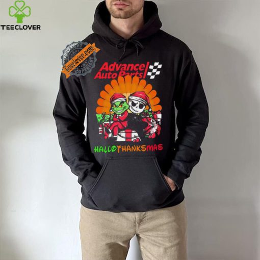 Baby Grinch and Jack Skellington Advance Auto Parts logo Hallothanksmas 2024 shirt