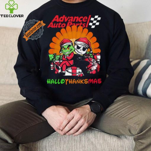 Baby Grinch and Jack Skellington Advance Auto Parts logo Hallothanksmas 2024 shirt