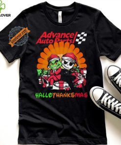 Baby Grinch and Jack Skellington Advance Auto Parts logo Hallothanksmas 2024 shirt