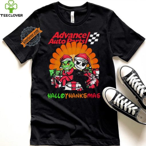 Baby Grinch and Jack Skellington Advance Auto Parts logo Hallothanksmas 2024 shirt