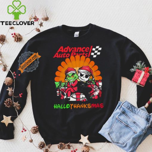 Baby Grinch and Jack Skellington Advance Auto Parts logo Hallothanksmas 2024 shirt