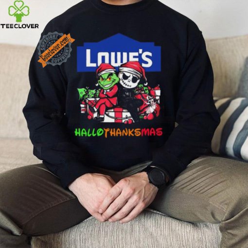 Baby Grinch and Jack Skellington Lowe’s logo Hallothanksmas 2024 shirt