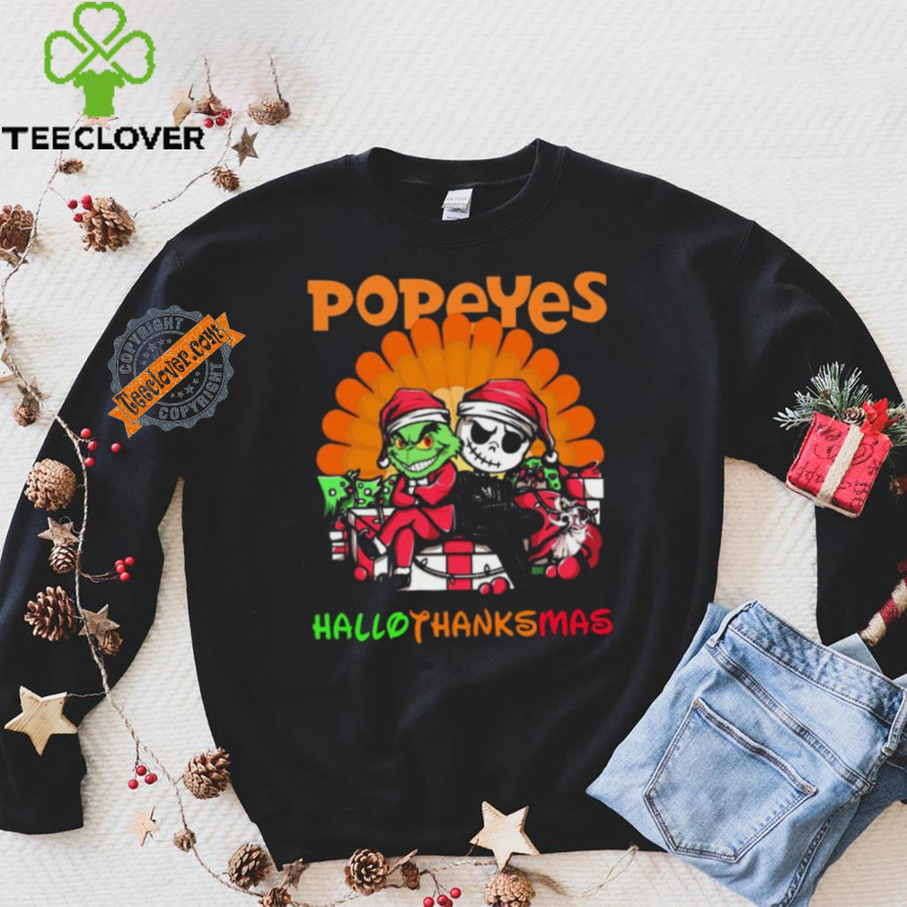 Baby Grinch and Jack Skellington Popeyes logo Hallothanksmas 2024 shirt Baby Grinch and Jack Skellington Popeyes logo Hallothanksmas 2024 shirt