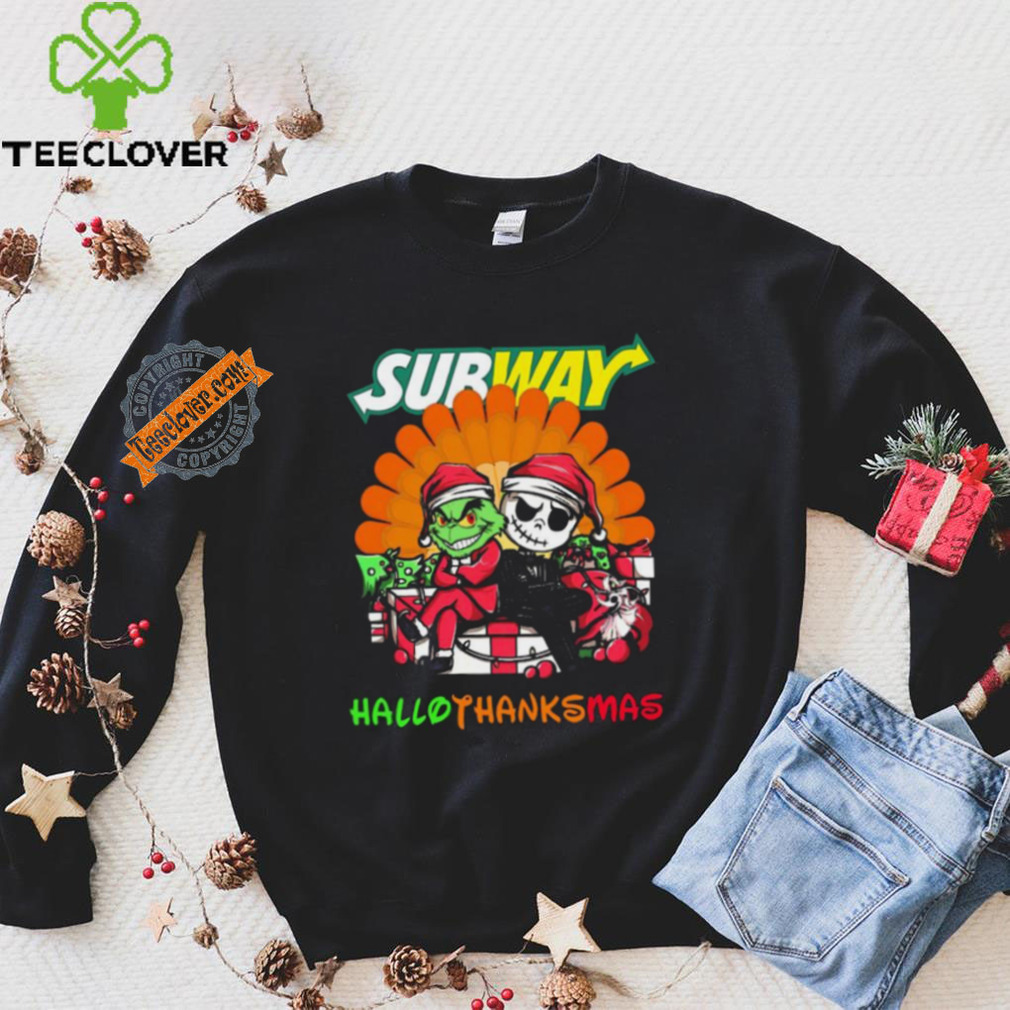 Baby Grinch and Jack Skellington Subway logo Hallothanksmas 2024 shirt Baby Grinch and Jack Skellington Subway logo Hallothanksmas 2024 shirt