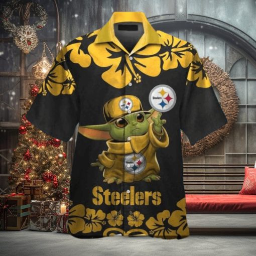 Baby Yoda Button Up Pittsburg Steelers Tropical Hawaiian Shirt