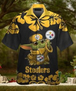 Baby Yoda Button Up Pittsburg Steelers Tropical Hawaiian Shirt