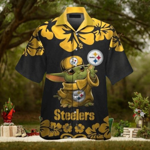 Baby Yoda Button Up Pittsburg Steelers Tropical Hawaiian Shirt