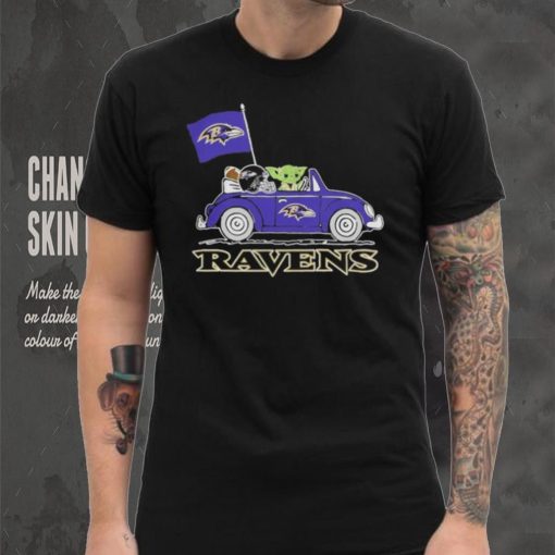 Baby Yoda Drive A Car Baltimore Ravens Football Flag Logo Shirt