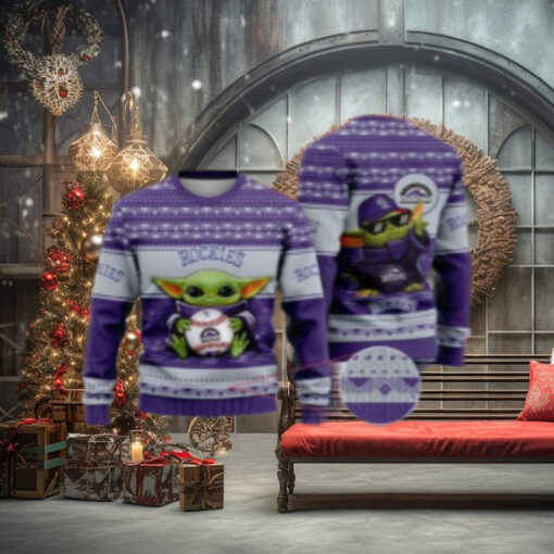 Baby Yoda Holding Baseball Colorado Rockies Ugly Sweater