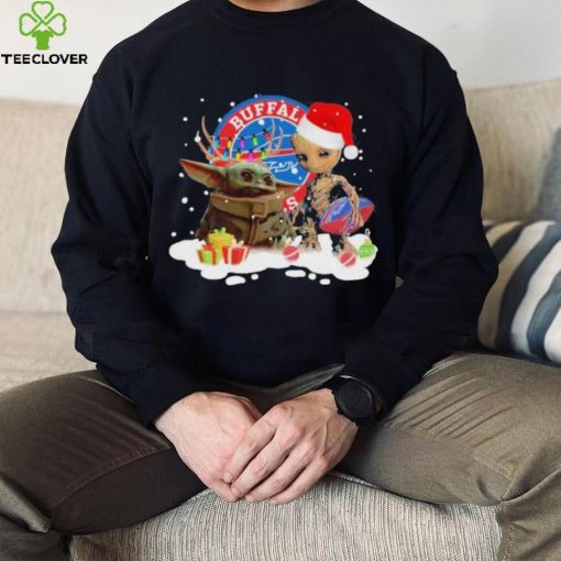 Baby Yoda Reindeer And Santa Groot Hug Buffalo Bills Christmas Light Shirt