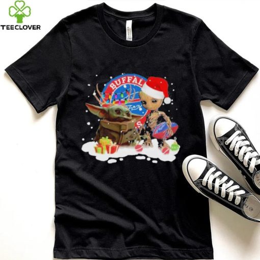 Baby Yoda Reindeer And Santa Groot Hug Buffalo Bills Christmas Light Shirt