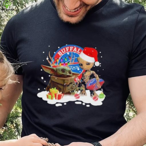 Baby Yoda Reindeer And Santa Groot Hug Buffalo Bills Christmas Light Shirt