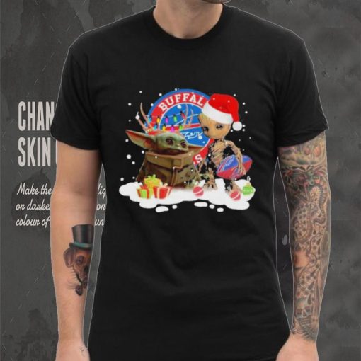 Baby Yoda Reindeer And Santa Groot Hug Buffalo Bills Christmas Light Shirt