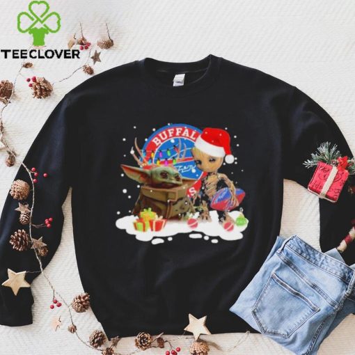Baby Yoda Reindeer And Santa Groot Hug Buffalo Bills Christmas Light Shirt