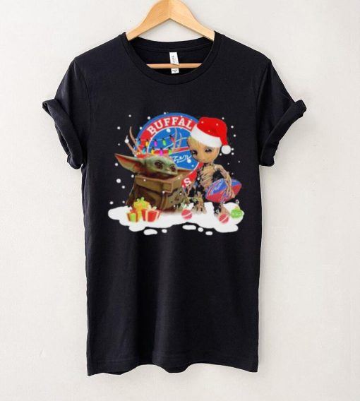 Baby Yoda Reindeer And Santa Groot Hug Buffalo Bills Christmas Light Shirt