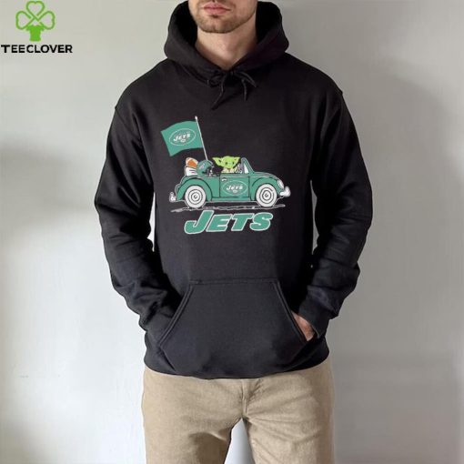 Baby Yoda drive a car New York Jets football flag logo hoodie, sweater, longsleeve, shirt v-neck, t-shirt