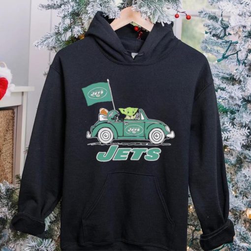 Baby Yoda drive a car New York Jets football flag logo hoodie, sweater, longsleeve, shirt v-neck, t-shirt