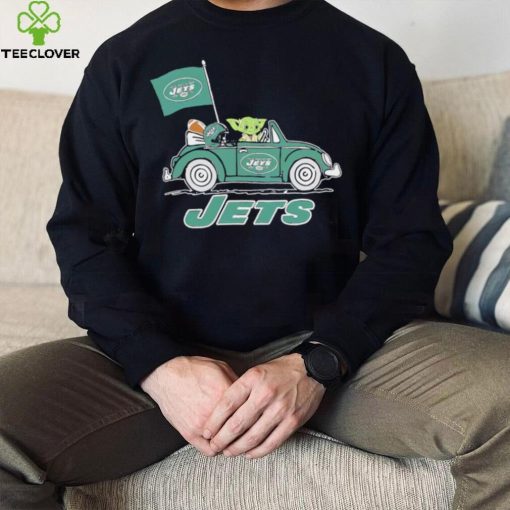 Baby Yoda drive a car New York Jets football flag logo hoodie, sweater, longsleeve, shirt v-neck, t-shirt