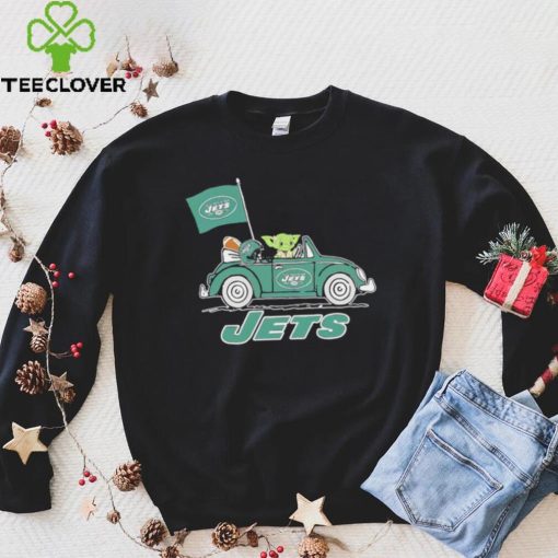 Baby Yoda drive a car New York Jets football flag logo hoodie, sweater, longsleeve, shirt v-neck, t-shirt