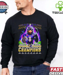 Back 2 Back 2023-2024 AFC North Division Champions Baltimore Ravens Mascot Shirt with a bold design celebrating the Ravens' consecutive division titles, featuring the team's mascot, perfect for Ravens fans.