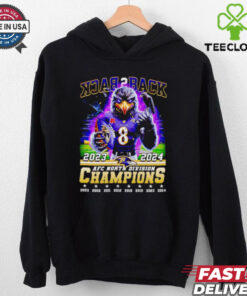 Back 2 Back 2023-2024 AFC North Division Champions Baltimore Ravens Mascot Shirt with a bold design celebrating the Ravens' consecutive division titles, featuring the team's mascot, perfect for Ravens fans.