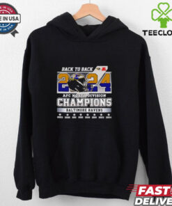 Back-to-Back 2024 AFC North Division Champions Baltimore Ravens Shirt, featuring a bold design celebrating the Ravens' back-to-back AFC North division titles. Perfect for fans proudly supporting the Ravens after this major achievement.