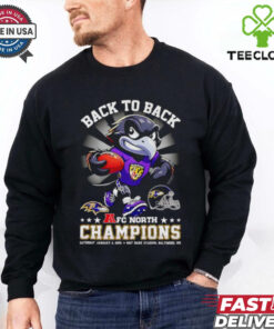 Back to Back AFC North Champions Baltimore Ravens Mascot Shirt with a celebratory design featuring the Ravens mascot and team pride, perfect for fans commemorating the team’s division dominance.