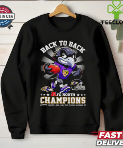 Back to Back AFC North Champions Baltimore Ravens Mascot Shirt with a celebratory design featuring the Ravens mascot and team pride, perfect for fans commemorating the team’s division dominance.