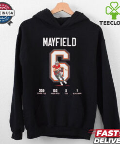Baker Mayfield Tampa Bay Buccaneers 359 Pass YDS 153 Pass RTG 5 TDS 1 Bucs Win T-shirt, featuring key game stats, unisex fit, Tampa Bay Buccaneers fan gear, Baker Mayfield performance shirt.
