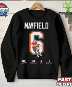 Baker Mayfield Tampa Bay Buccaneers 359 Pass YDS 153 Pass RTG 5 TDS 1 Bucs Win T-shirt, featuring key game stats, unisex fit, Tampa Bay Buccaneers fan gear, Baker Mayfield performance shirt.