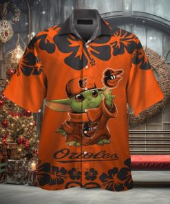 Baltimore Orioles Baby Yoda Short Sleeve Button Up Tropical Hawaiian Shirt
