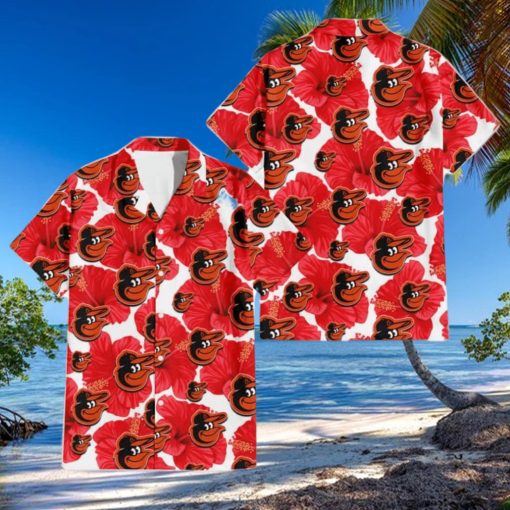 Baltimore Orioles Big Red Hibiscus White Background 3D Hawaiian Shirt Gift For Fans