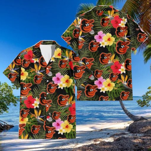 Baltimore Orioles Colorful Hibiscus Green Leaf Back Background 3D Hawaiian Shirt Gift For Fans