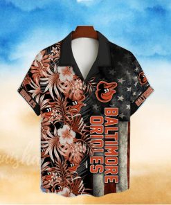 Baltimore Orioles Hibiscus Flower American Flag Pattern Black Hawaiian Shirt