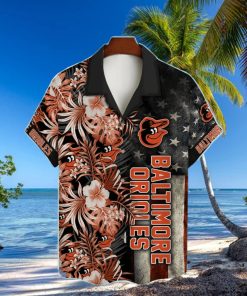 Baltimore Orioles Hibiscus Flower American Flag Pattern Black Hawaiian Shirt 1 Baltimore Orioles Hibiscus Flower American Flag Pattern Black Hawaiian Shirt