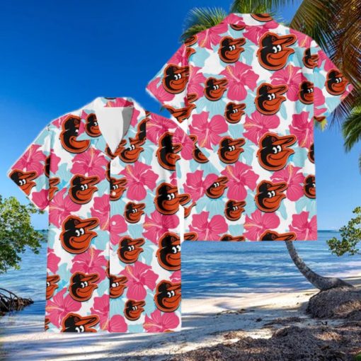 Baltimore Orioles Pink Blue Hibiscus White Background 3D Hawaiian Shirt