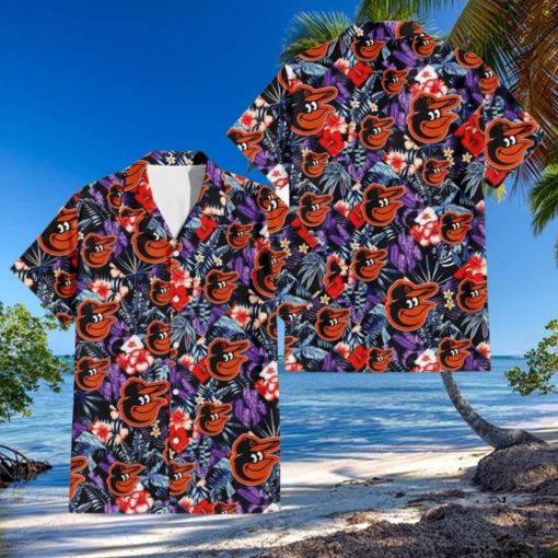 Baltimore Orioles Red Hibiscus Caro Black Background 3D Hawaiian Shirt