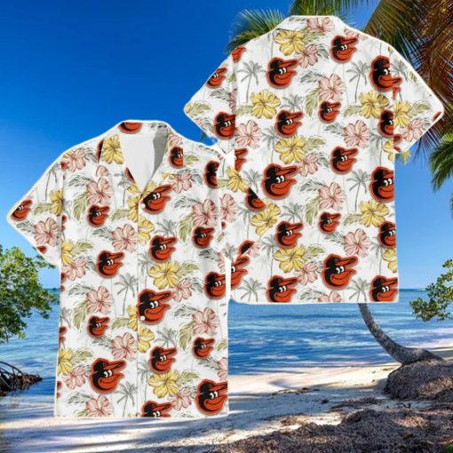 Baltimore Orioles Sketch Red Yellow Coconut Tree White Background 3D Hawaiian Shirt