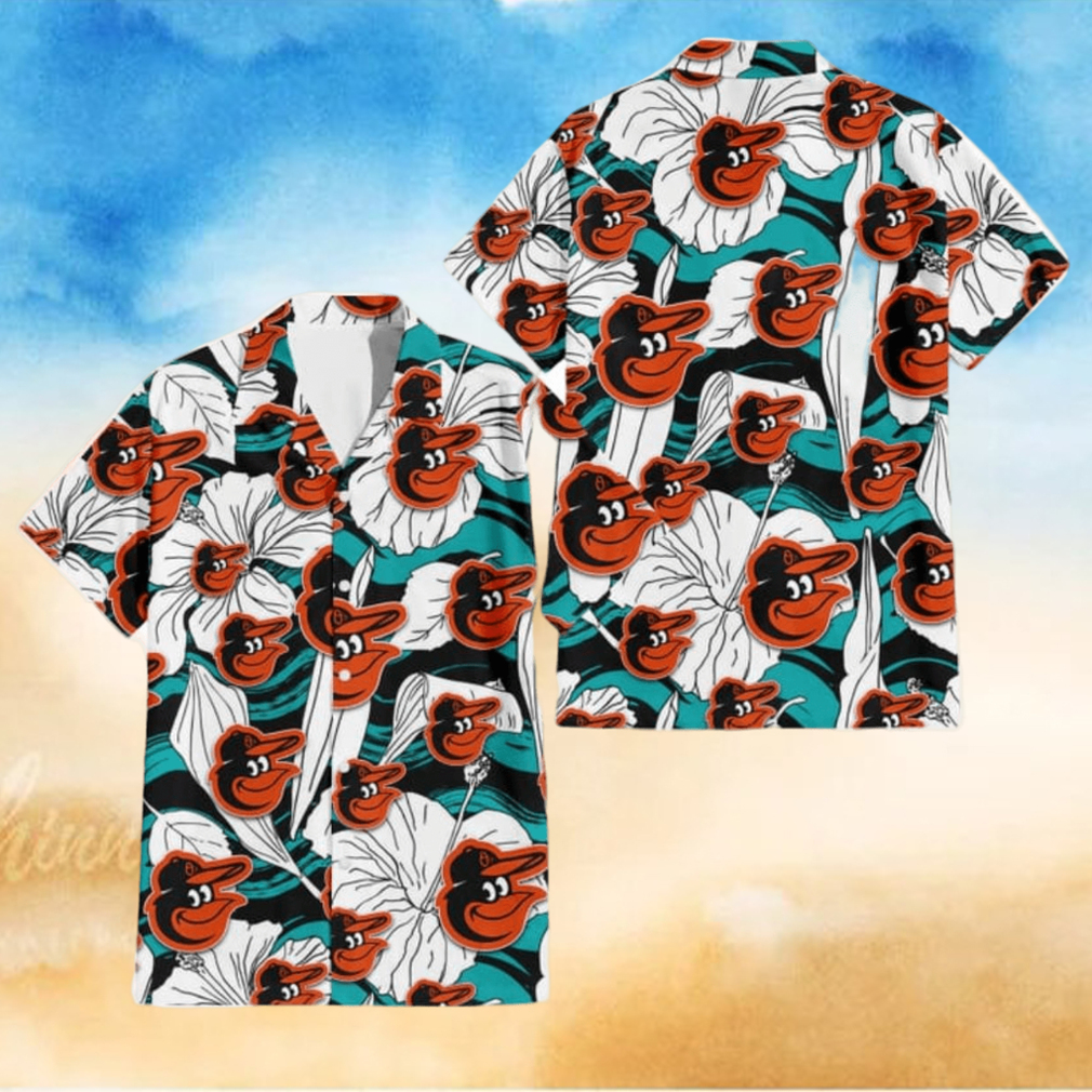 Baltimore Orioles White Hibiscus Turquoise Wave Black Background 3D Hawaiian Shirt Baltimore Orioles White Hibiscus Turquoise Wave Black Background 3D Hawaiian Shirt