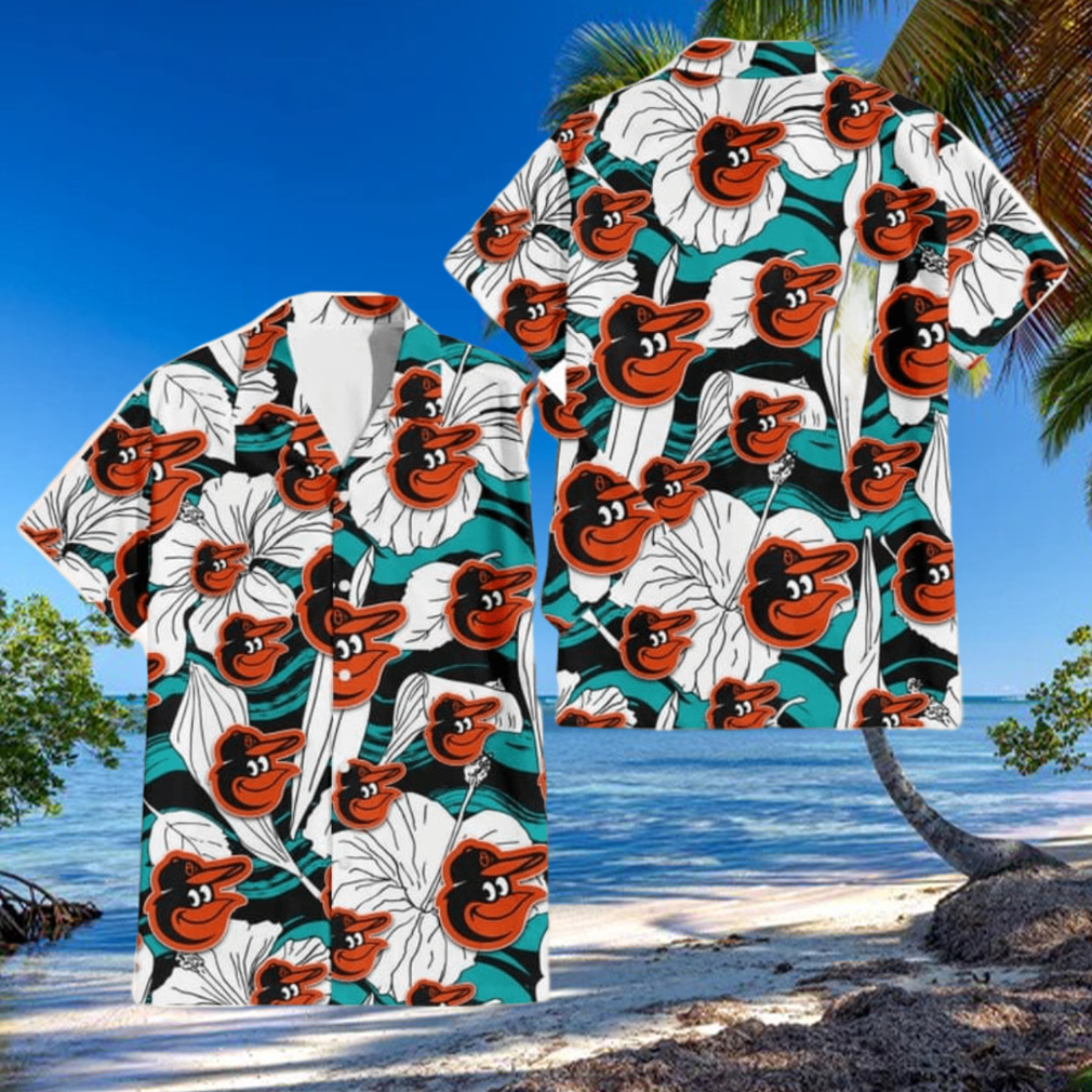 Baltimore Orioles White Hibiscus Turquoise Wave Black Background 3D Hawaiian Shirt Baltimore Orioles White Hibiscus Turquoise Wave Black Background 3D Hawaiian Shirt