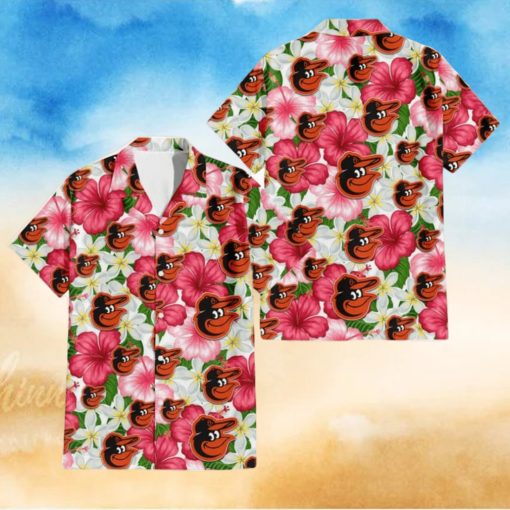 Baltimore Orioles White Porcelain Flower Pink Hibiscus White Background 3D Hawaiian Shirt