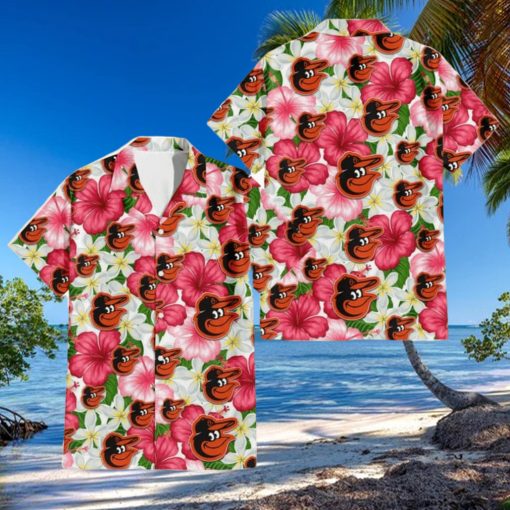 Baltimore Orioles White Porcelain Flower Pink Hibiscus White Background 3D Hawaiian Shirt
