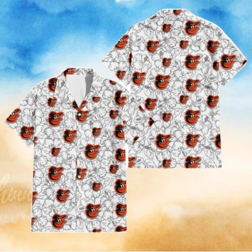 Baltimore Orioles White Sketch Hibiscus Pattern White Background 3D Hawaiian Shirt