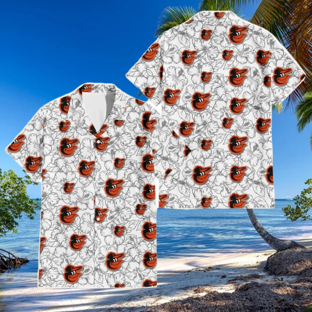 Baltimore Orioles White Sketch Hibiscus Pattern White Background 3D Hawaiian Shirt Baltimore Orioles White Sketch Hibiscus Pattern White Background 3D Hawaiian Shirt