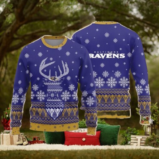 Baltimore Ravens Christmas Big Reindeer Pattern Christmas Gift 3D Ugly Christmas Sweater